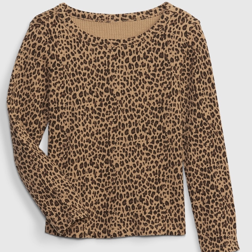 Gap Kids Waffle Knit Thermal Top Brown Leopard Print Dolman Sleeve Large Preppy - Picture 5 of 5